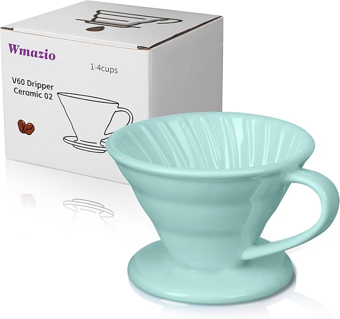 Pour Over Coffee Dripper - Ceramic Pour Over Coffee Maker Cone, Porcelain Coffee Drip, Pour Over Single Cup, Manual Brew Maker for Home, Cafe, Office - 1-4Cup, V60 Size 02 (Lake blue)