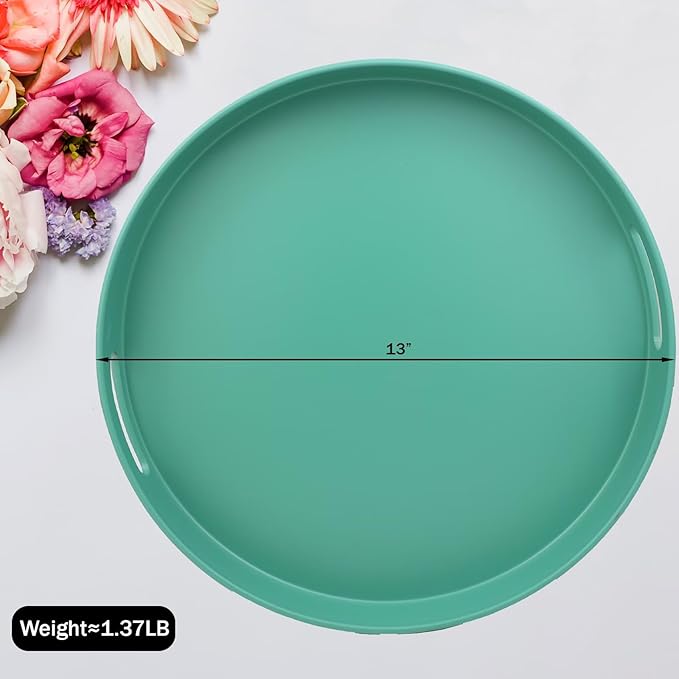 Round Green Decorative Serving Tray with Handles, 13” Versatile Ottoman Tray for Coffee Table, Entertaining, Outdoor Patio, Living Room