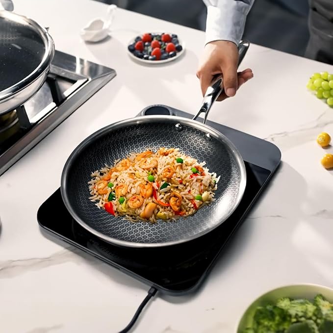 6-Piece Frying Pan Set, 8, 10 and 12 inch Frying Pans, Hybrid Nonstick 18/10 Stainless Pans with Lid, Even &Fast Heating, Compatible with Induction all Cooktop, Dishwasher Oven Safe, Easy Clean