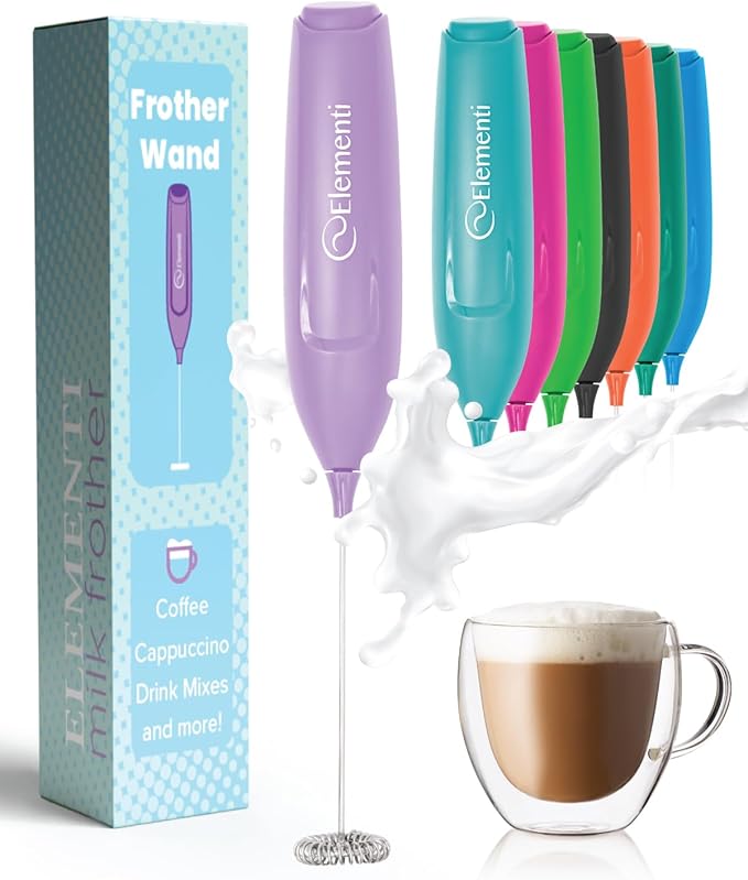 Elementi Powerful Frother Wand – Lightweight Milk Frother & Drink Mixer Handheld, Matcha Whisk for Dreamy Lattes, Powerful Coffee Mixer Wand & Blender Stirrer for Creamy Cappuccinos at Home (Lavender)
