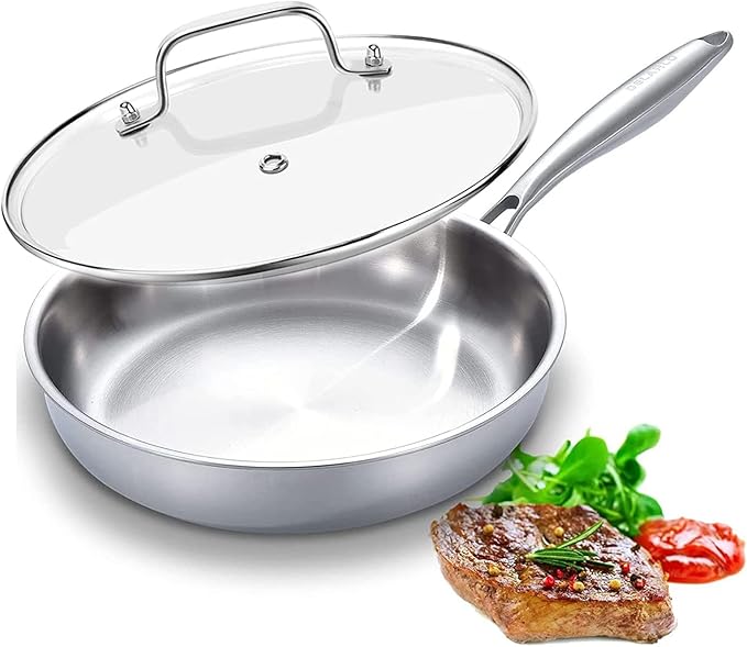 DELARLO Tri-Ply Stainless Steel Pan, 12 inch Frying Pan with Lid, Compatible with All Cooktops Up to 600℉, Fast & Even Heat, Skillet, Induction Cookware, Cooking Pan, Stir Fry Pan, Dishwasher Safe