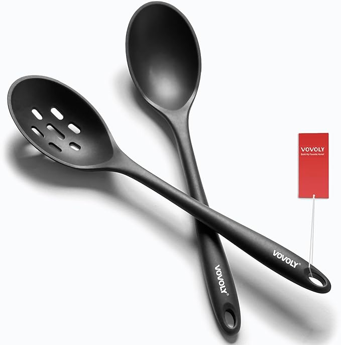 Silicone Spoons for Cooking - Extra Large Kitchen Spoons for Mixing, Serving, & Stirring - 600°F Heat-Resistant Non Stick Utensils Ladle & Skimmer- Dishwasher Safe, Black