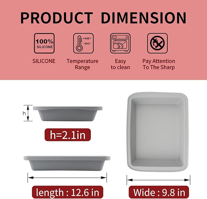 Silicone Baking Mold, Detroit Style Pizza Pan, Rectangular Baking Dish with Handles, Compatible with Fancy Panz, for Lasagna, Cake, Brownie or Family Dinner, 12.6 x 9.8 x 2.1 Inch (2 Pack, Grey)