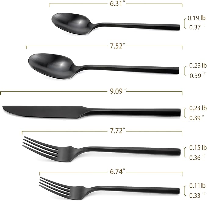 DEACORY Silverware Set Flatware Set Matte Black Cutlery Set Brushed Finished Hexagon Handle Heavy Stainless Steel 40 Pieces Dishwasher Safe Service for 8