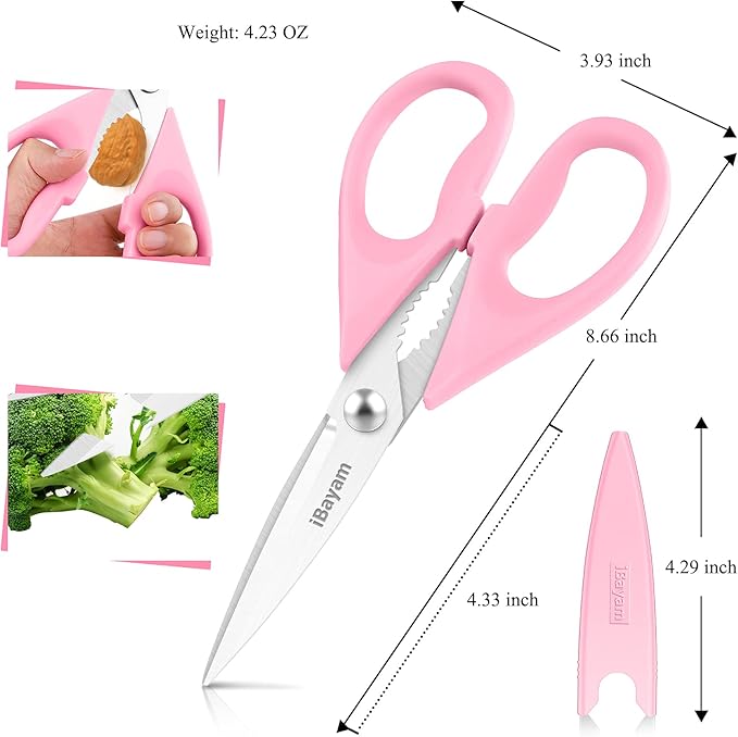 iBayam Kitchen Scissors, Purple Kitchen Utensils Accessories, All Purpose Heavy Duty Meat Scissors, Poultry Shears, Dishwasher Safe, Stainless Steel, 2-Pack, Pastel Pink, Soft Purple