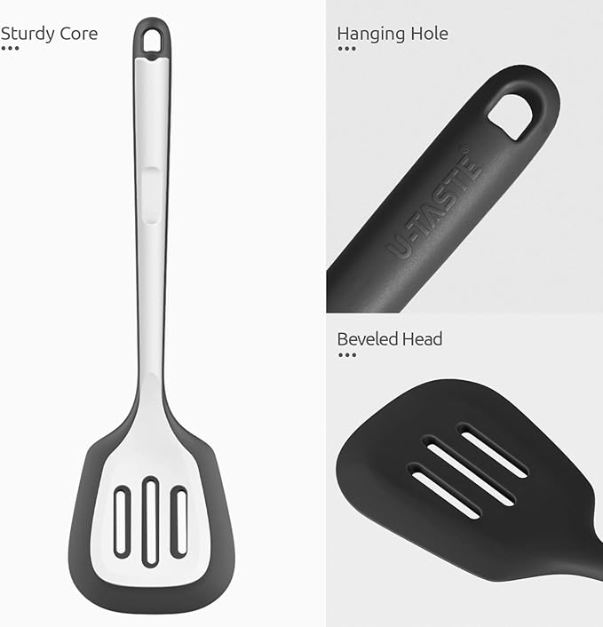 600ºF Heat Resistant Slotted Turner: U-Taste 13.6in Silicone Kitchen Spatula Flipper, 3.74in Wide Food Grade Flexible Thin Rubber Cooking Utensil for Egg, Pancake, Cookie in Nonstick Cookware (Black)