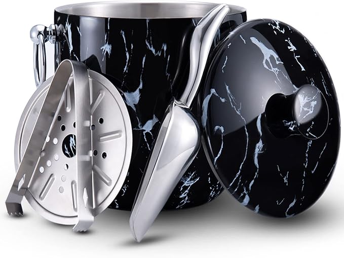 Ice Bucket with Lid, Scoop, Tongs and Strainer - Well Made Insulated Stainless Steel Keep Ice Frozen Longer - Ideal for Cocktail Bar, Parties, Chilling Wine, Champagne - 3 Liter (Black Marble)