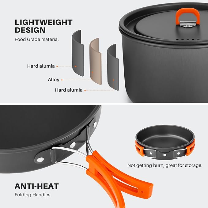 Odoland 9pcs Camping Cookware Non-Stick Lightweight Pots and Pans Set with Plastic Bowls Soup Spoon for Backpacking, Outdoor Cooking and Picnic
