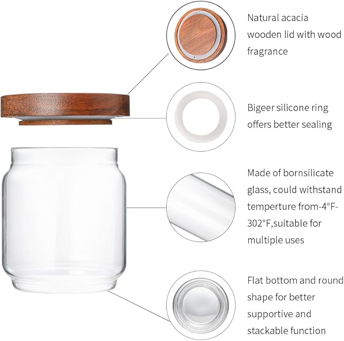 Glass Jars with Wood Lids 6 Pack with 112 Labels, 15 OZ Storage Food Canister for Coffee| Sugar| Snacks| Nuts