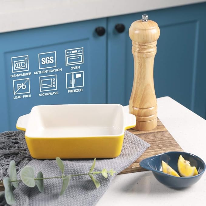 Sweejar Ceramic Baking Dish, Rectangular Small Baking Pan with Double Handles, 20 Oz for Cooking, Brownie, Kitchen, 6.5 x 4.9 x 1.8 Inches(Yellow)