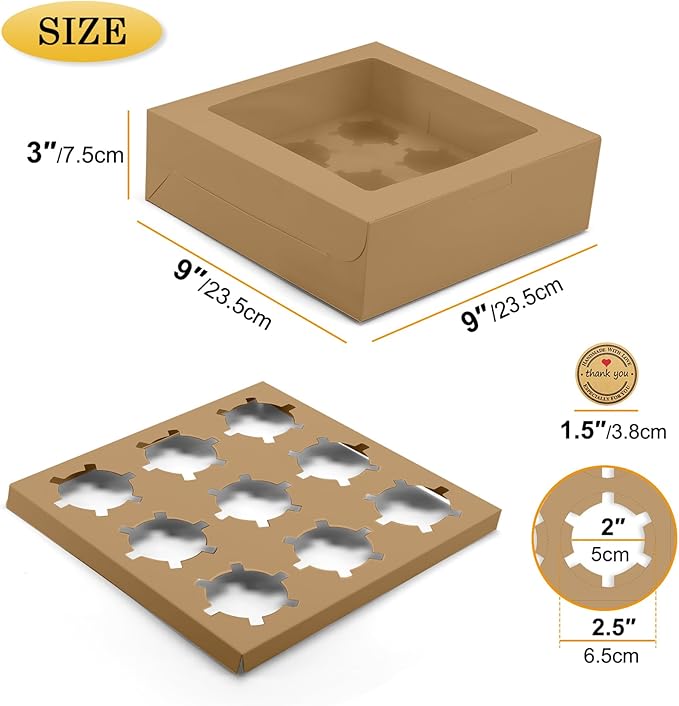 9-Count Cupcake Boxes with Window and Insert, 9x9x3 Inch, Brown, Suitable for Cupcakes, Muffins, and Cookies, 8 Pack