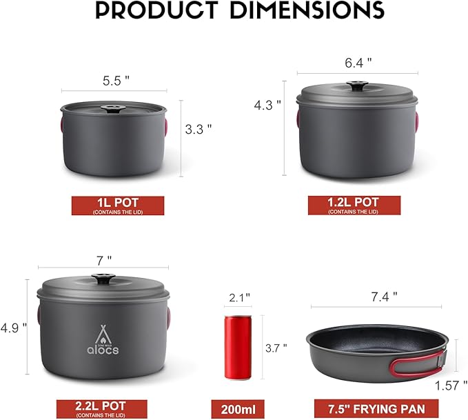 Alocs Camping Cookware Set Camping Gear, Compact Camping Pots and Pans Set, Durable Hard Alumina Camping Cooking Set for Outdoor Backpacking Camping Hiking Picnic, Included Mesh Carry Bag