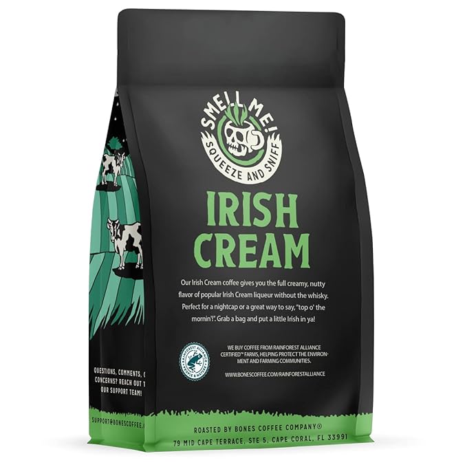 Bones Coffee Company Irish Cream, Creamy Liqueur Flavored Coffee, Medium Roast Low Acid Arabica Beans Compatible with Auto drip and French Press Coffee Maker, 12 Oz Whole Bean