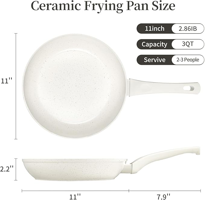 Ceramic Non Stick Frying Pan - Non Stick Skillet Frying Pans, Safe&No Toxic Egg Omelette Frying Pan, Large Nonstick Cookware Chef's Pan, Induction Compatible, PFOA&PFAS Free(11inch, White)