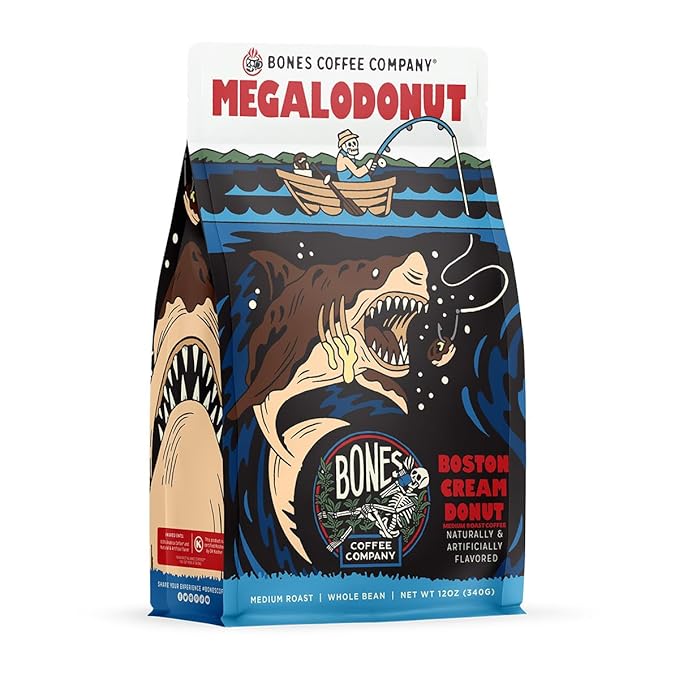 Bones Coffee Company Megalodonut, Boston Cream Donut Flavored Coffee, Medium Roast Low Acid Arabica Beans Compatible with Auto drip and French Press Coffee Maker, 12 Oz Whole Bean
