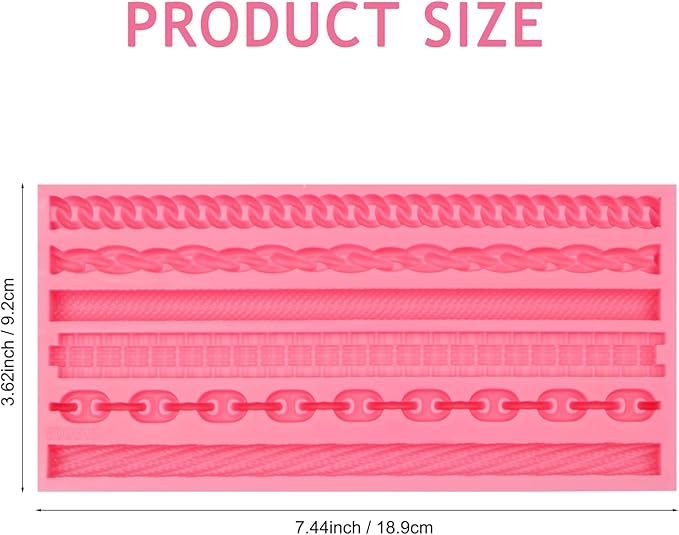 Chain and Rope Pattern Silicone Mold, 6 Designs, Pink Fondant Decorating Tool