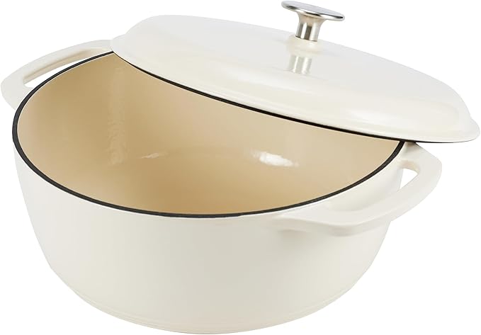 Amazon Basics Cast Iron Dutch Oven Pot with Lid, Enameled, Round, Dual Handles, Heavy-Duty, Small, 4.3-Quart, White