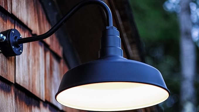 Steel Lighting Co. Gardena Barn Light | Outdoor Wall Mounted | 16" Dome | 23" Gooseneck | Farmhouse Light Made in America | Gray Blue Exterior/Brass Interior