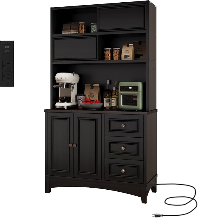 71" Black Pantry Cabinet with Charging Station, 4-Type Storage & Anti-Tip Design, Kitchen Cabinet with Sliding Door/Adjustable Shelves