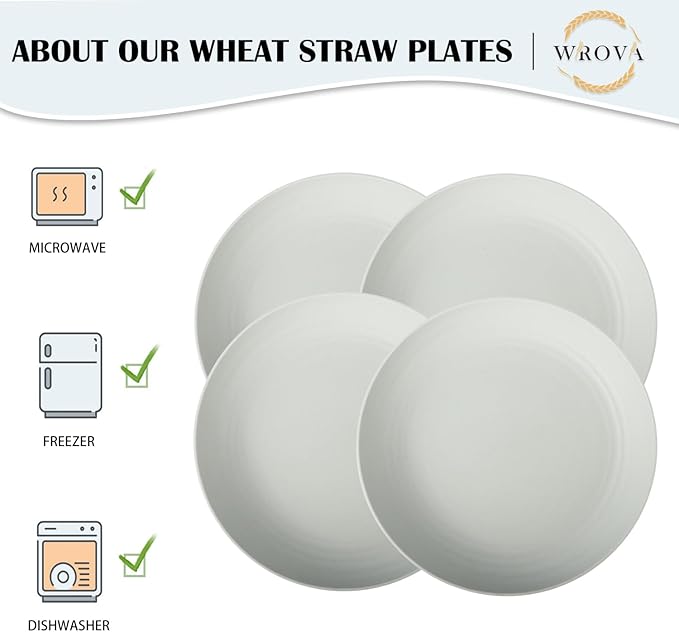 Wrova Wheat Straw Plates - 9 Inch Unbreakable Dinner Plates Set of 8 - Dishwasher & Microwave Safe Plastic Plates Reusable for kitchen and camping (light grey)