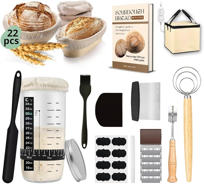 9" Round and 10" Oval Banneton Baskets with Scrapers, Bread Lame, E-Book with Recipes, Glass Jar with Strips, Labels & Chalk Pen, Spatula, Silicone Brush, Dough Whisk, Bread Bag & Heated Proofing Box