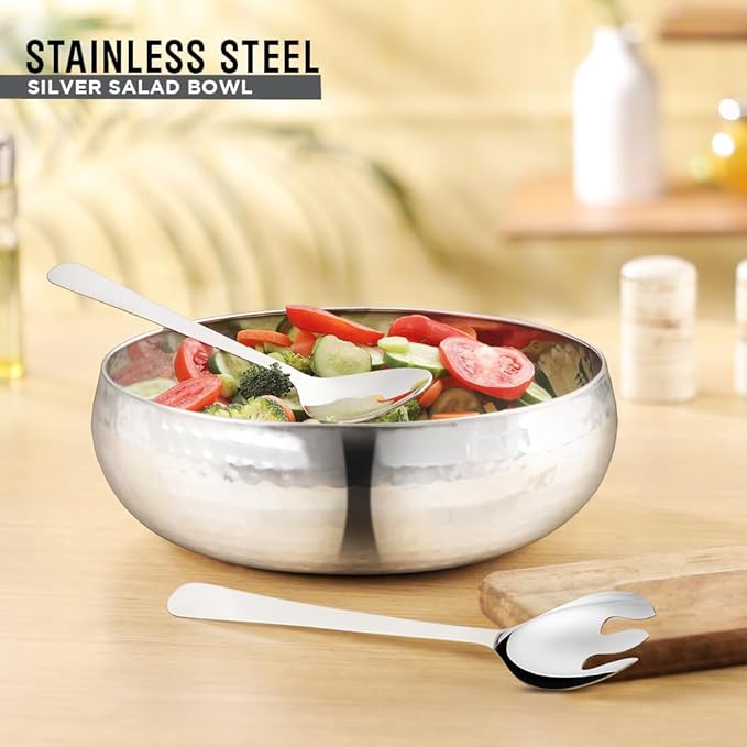 Avador® Set of 3 Premium Stainless Steel Salad Mixing Bowl Hammered Finish | Handmade | Includes Salad Serving Utensils (Stainless Steel)