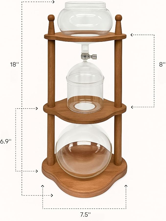Nispira Cold Brew coffee Maker Ice Coffee Drip Machine with Advanced Slow Drip Technology Borosilicate Glass with Wood Tower, 6-8 Cup, Brown