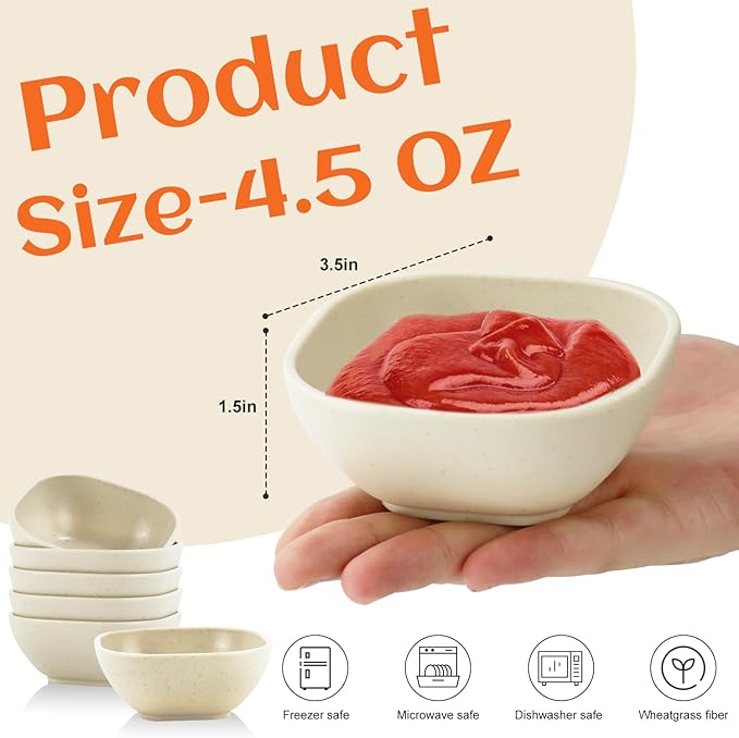 Homienly Soy Sauce Dishes,Wheat Straw Small Bowls Set of 6-4.5 OZ Small Dessert Bowls,Unbreakable Dipping Bowls,Dipping Sauce Cups,Mini Prep Bowls, Dip Bowls for Side Dish - Beige