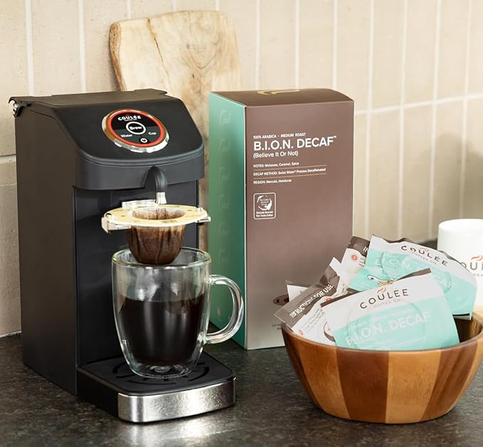 Coulée EcoPour B.I.O.N. Coffee, Single Serve Pour Over Decaffeinated Coffee, for Camping or Traveling, Pre Filled Compostable Filters, Ready to Brew with Hot Water, 20 Pack