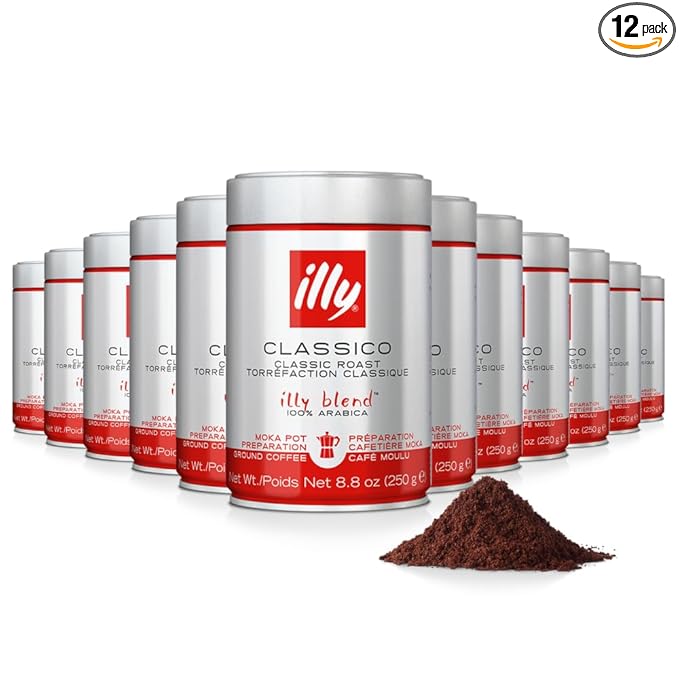 illy Ground Coffee Moka - 100% Arabica Beans - Rich Aromatic – Classico Medium Roast - Notes of Caramel, Orange Blossom & Jasmine - No Preservatives – 8.8 Ounce, 12 Pack