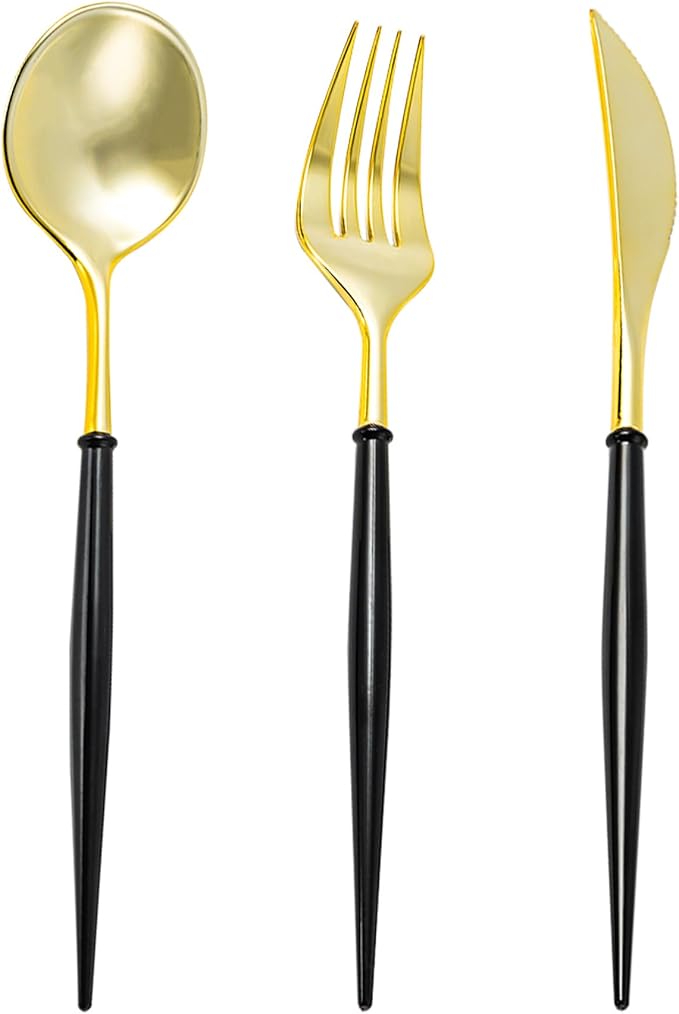 N9R Gold Plastic Cutlery Set - 90pcs with Black Handle - Fancy Plastic Silverware, Heavy Duty - 30 Spoons, 30 Forks, 30 Knives for Halloween and Everyday Use