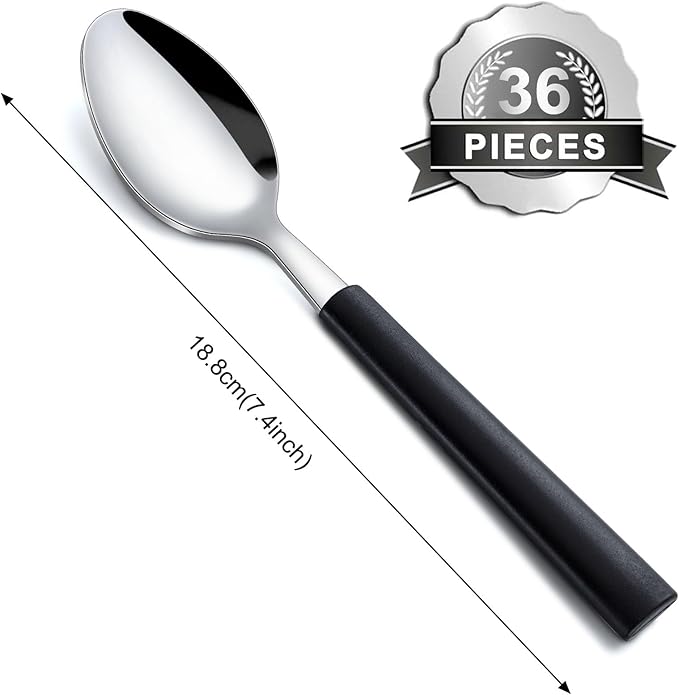 Pleafind 36Pcs Dessert Spoons Set (7.4 inches), Stainless Steel Mirror Polished Spoon with Black Frosted Handle, Spoons Silverware for Home, Kitchen, Restaurant, Dishwasher Safe