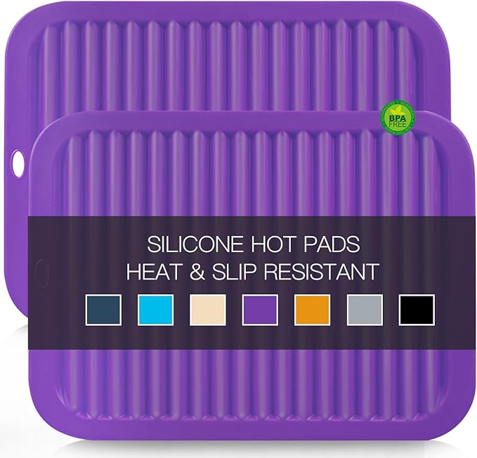 Silicone Trivet for Hot Dishes, 2 Pack Purple Heat Resistant Silicone Hot Pads Pot Holders for Kitchen Counter Non-Slip Trivets for Hot Pots and Pans, 9'' x 12'' Large Dish Drying Mat & Spoon Rest
