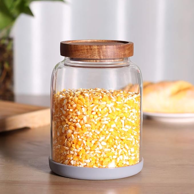 Glass Storage Jars with Airtight Lids, Set of 2 42 FL OZ (1250ml) coffee container with Wooden Lid, Glass Pantry Canister for Beans, Rice, Sugar and etc (6.3 inch high)