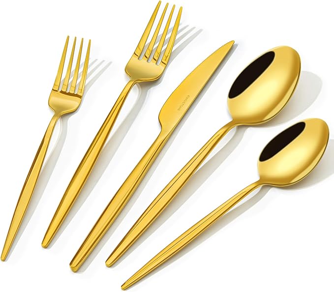 KINGSTONE Silverware Set, 20-Piece Flatware Set Cutlery Set Premium 18/10 Stainless Steel, Tableware Include Forks Knives Spoons for Home Kitchen Restaurant Wedding, Dishwasher Safe, Gold