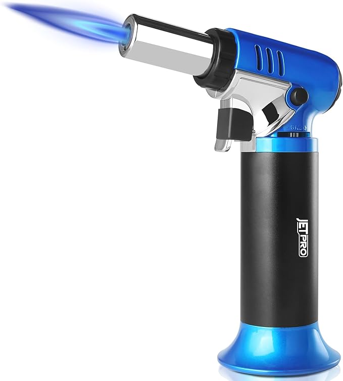Butane Torch Lighter Refillable with Adjustable Flame Kitchen Torch for Creme Brulee Baking BBQ Cooking Soldering One Hand Operation with Fuel Window Safety Lock (Butane Gas Not Included)