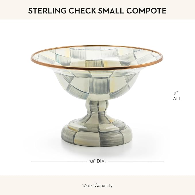 MACKENZIE-CHILDS Enamel Compote, Cute Enamel Pedestal Serving Dish or Decorative Bowl, Small, Gray-and-White Sterling Check