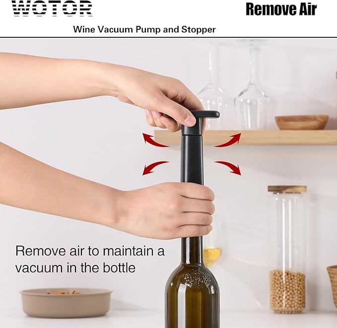 WOTOR Wine Saver Vacuum Pump with 4 Stoppers, Wine Stopper & Preserver, Reusable Bottle Sealer Keeps Fresh, Ideal Accessories Gift (Flat Handle)