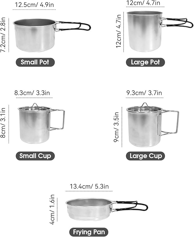 5PCS Stainless Steel Camping Cooking Set Cookware Mess Kit Cook Pots and Pan Set with Cups & Storage Bag, Lightweight Camping Cookware for Hiking Backpacking Outdoor Cooking and