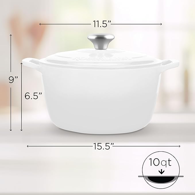 Signature Enameled Cast Iron Dutch Oven, Non-Stick Serving Pot with Tight Fitting Lid for Perfect Roasting, Baking, Sauteing, and Bread Making | 10Q (9.5L) - White
