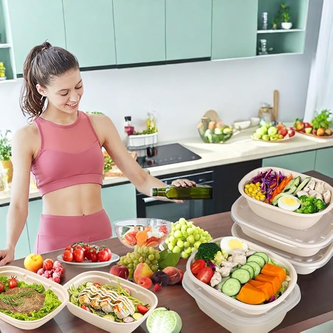 Aksipo 50 Pack 37 Oz Disposable Food Containers with Lids, Compostable Meal Prep Containers with Lids, Leak-proof To Go Food Box Cardboard Take Out Lunch Box Rectangle Paper Bowls for Salad,Leftovers