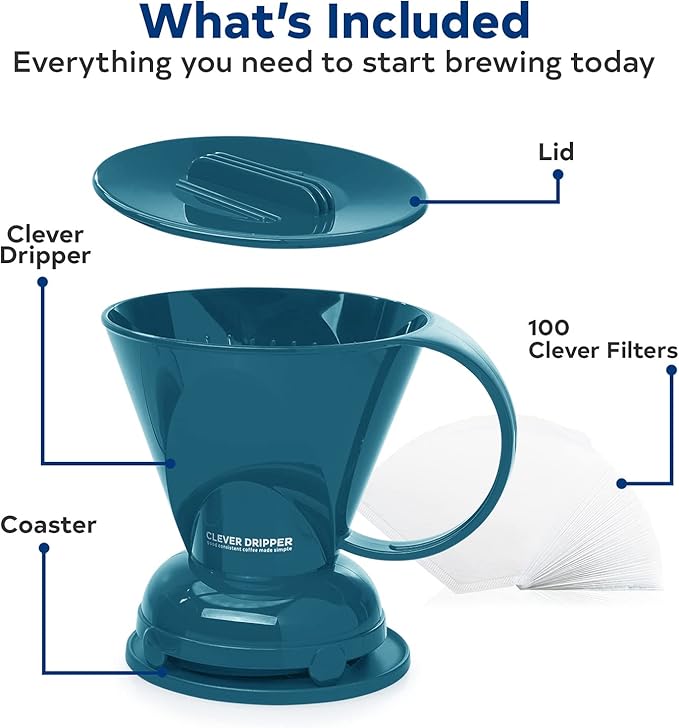 Clever Coffee Dripper and Filters, Large 18 oz| Barista's Choice| Safe BPA Free Plastic|Includes 100 Filters (Peacock Blue)