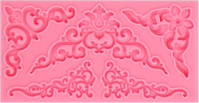 Baroque Corner Silicone Molds, Curlicues Relief Scroll Chocolate Cake Border Molds, Filigree Flower Lace Fondant Baking Molds for Cake Decoration Cupcake Topper Candy Gum Paste Clay Resin