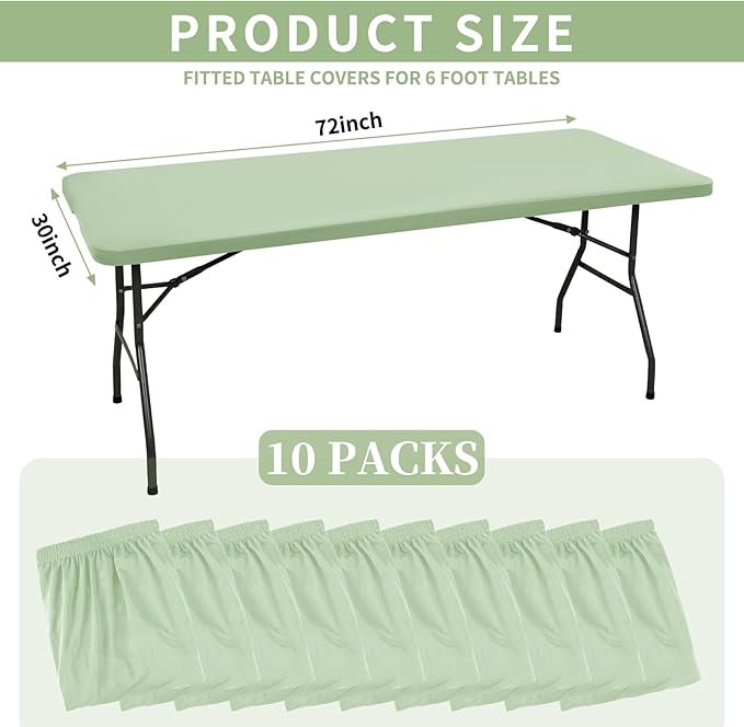 10 Pack Fitted Tablecloth for 6 Foot Rectangle Tables, Sage Green Elastic Outdoor Picnic Table Cover, Washable Stretch Folding Table Cloths 6 ft for Camping Party Patio Kitchen Banquet, 30" W x 72" L