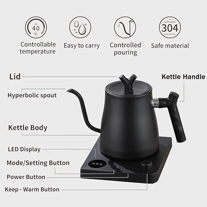 Water Kettle Electric,Gooseneck Electric Kettle with 50pcs Coffee Filter,±1℉ Temperature Control, Fast Heating, Stainless Steel Interior, Ideal for Precise Pour-Over Coffee and Tea