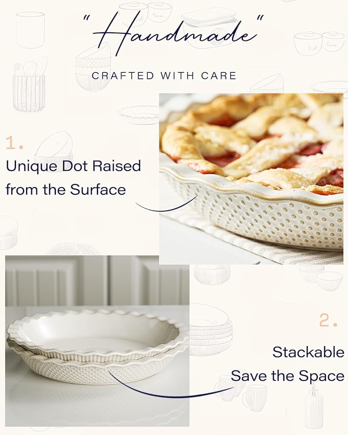 getstar Ceramic Pie Pan, 9 inch Pie Dish for Baking, Non-Stick, Oven & Dishwasher Safe, Farmhouse Decor Quiche Baking Dish, Pie Plate, Deep Dish Pie Pan (Embossed Dots)