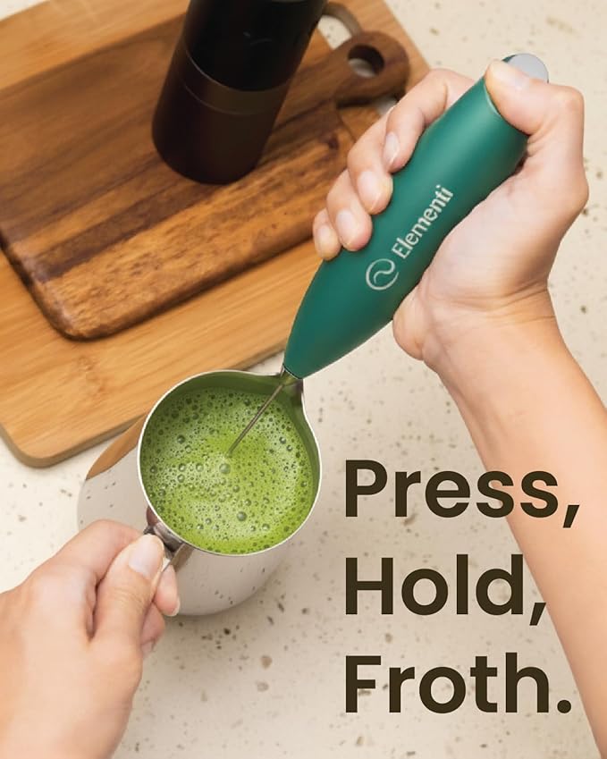 Elementi Matcha Whisk & Frother Set - Powerful Electric Matcha Mixer for Powder, Easy to Use Electric Whisk Kit - Craft Effortless Lattes with the Elementi Milk Frother Wand & Wisk (Emerald Green)