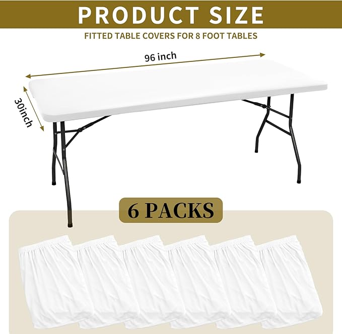 6 Pack Stretch Fabric Table Top Cap Cover, fits 8' Tables, Spandex Table Covers Washable Elastic Universal Rectangle Tablecloth Protector for Indoor Outdoor Party Picnic Wedding, White, 30" W x 96" L