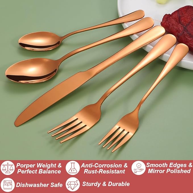 20 Pcs Rose Gold Silverware Set for 4, Food Grade Stainless Steel Flatware Set, Eating Utensils Sets Include Fork/Knife/Spoon,Home Kitchen Tableware Set, Reusable Cutlery Set, Dishwasher Safe