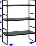 Expandable Cabinet Shelf Organizer, Stackable Kitchen Pantry Counter Storage, Adjustable Cupboard Stand Rack Risers Spice Organization Heavy Duty Black Small 3 Pack